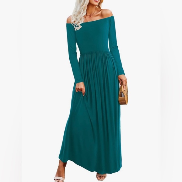 Elegant Dark Teal Off-Shoulder Maxi Dress - Picture 1 of 5